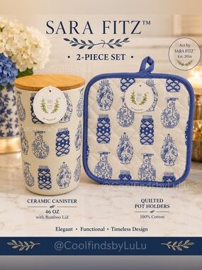 Sara Fitz Blue Ginger Jar Bamboo Fiber Food Canister & Pot Holder Set